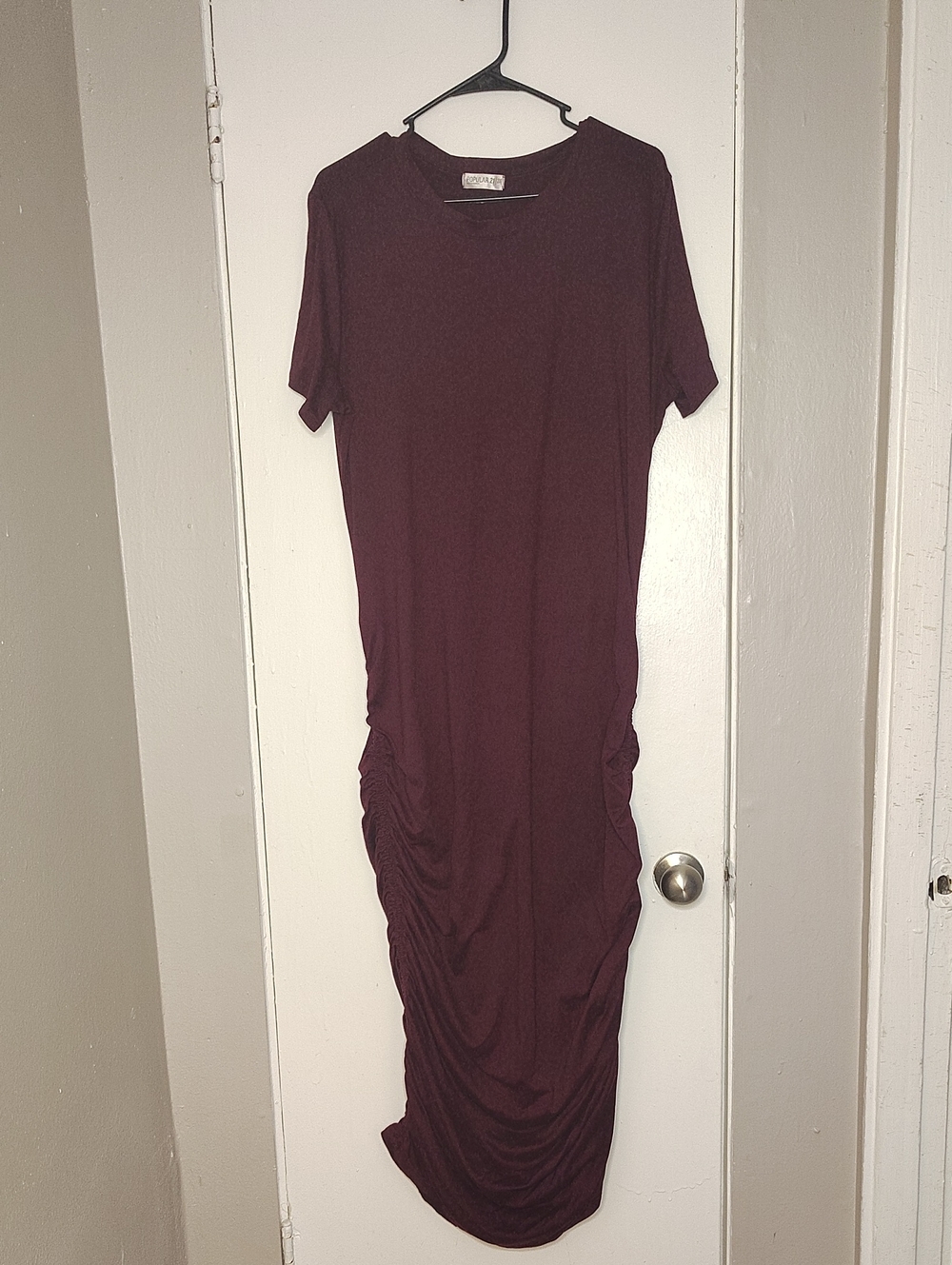 Short Sleeve Ruched Maxi Dress in Burgundy Size 2X